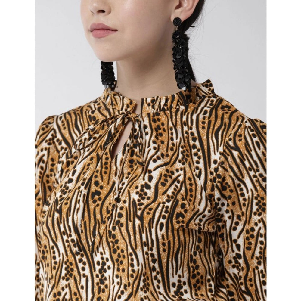 Generic Women's Polyester Printed Bell Sleeve Top (Orange - Black)