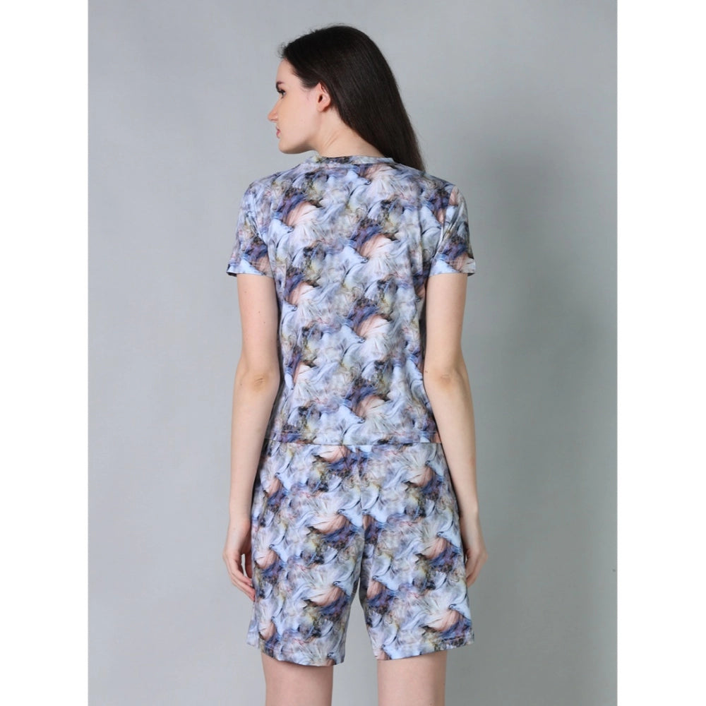 Generic Women's Cotton Blended Printed Round Neck Half Sleeve Top - Shorts Set (Blue-Peach)