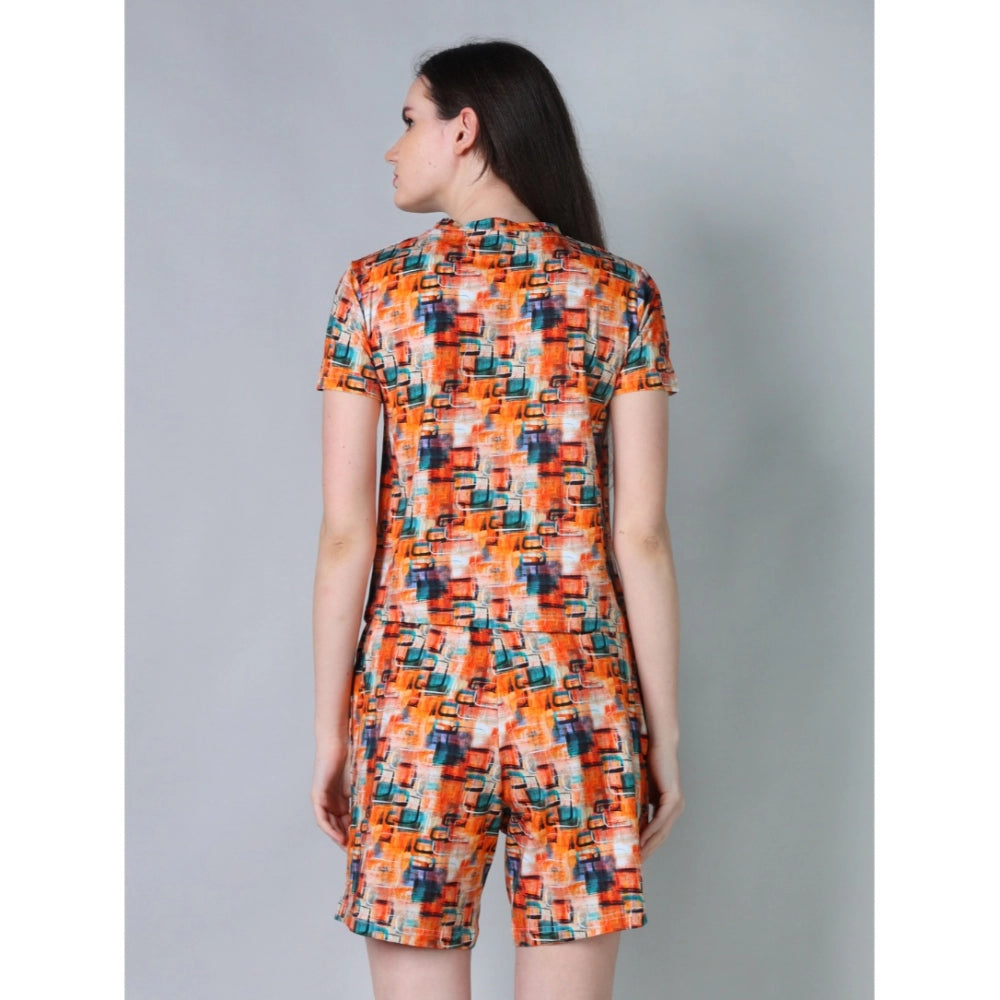 Generic Women's Cotton Blended Printed Round Neck Half Sleeve Top - Shorts Set (Orange)
