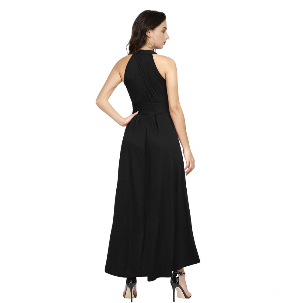 Generic Women's Polyster Solid Halter Neck Sleeveless Dress (Black)