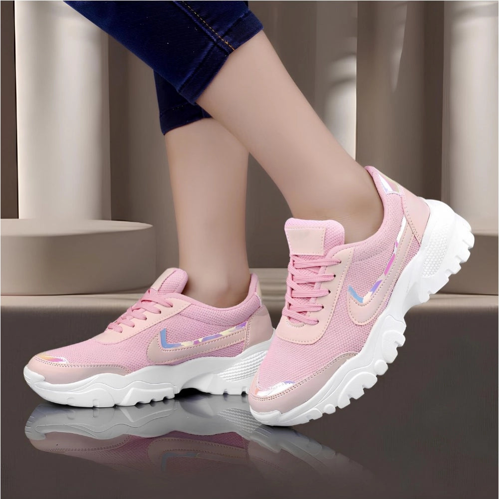Generic Women's Casual Mesh Printed Lace-Ups Shoes (Pink)
