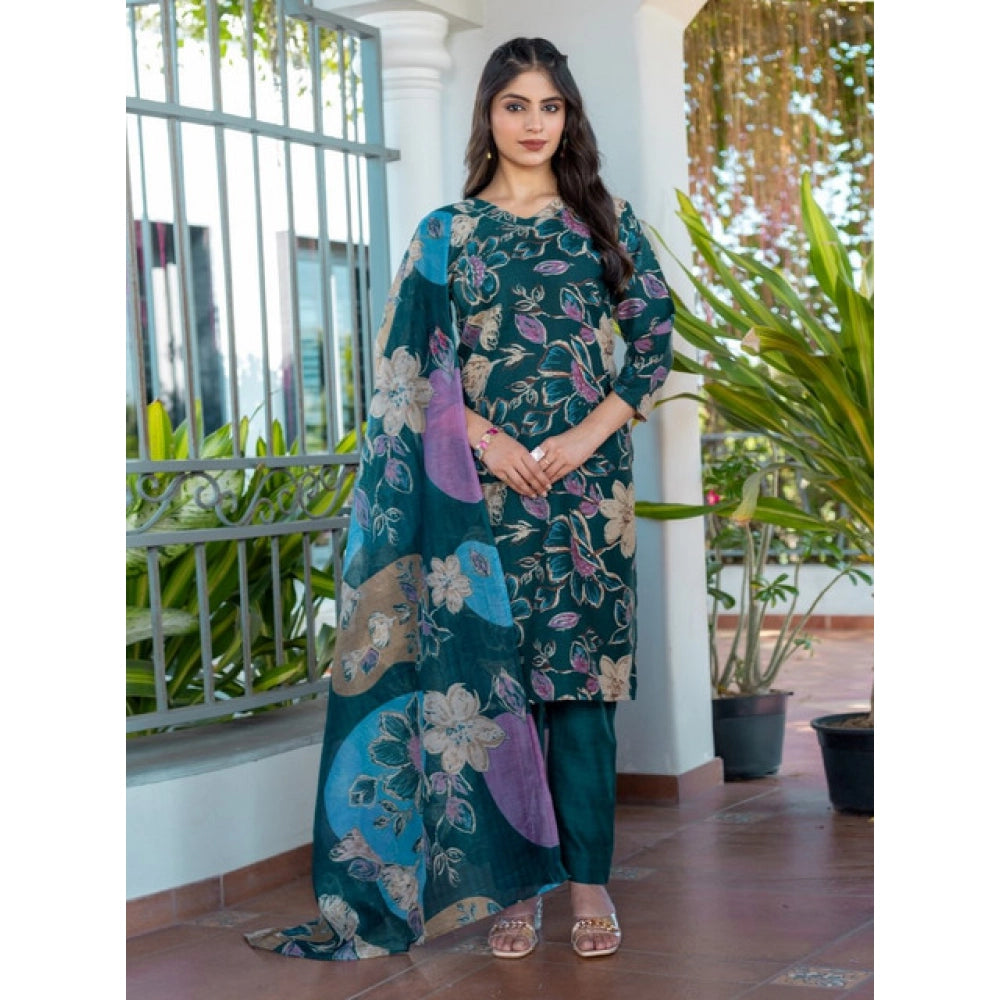 Generic Women's Cotton Blend Printed Kurti With Pant Dupatta Set (Rama)
