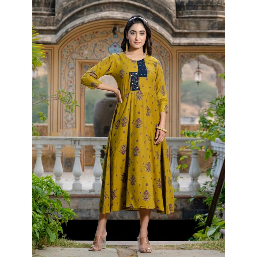 Generic Women's Rayon Print With Embroidery Work A-Line Kurti (Mehendi)