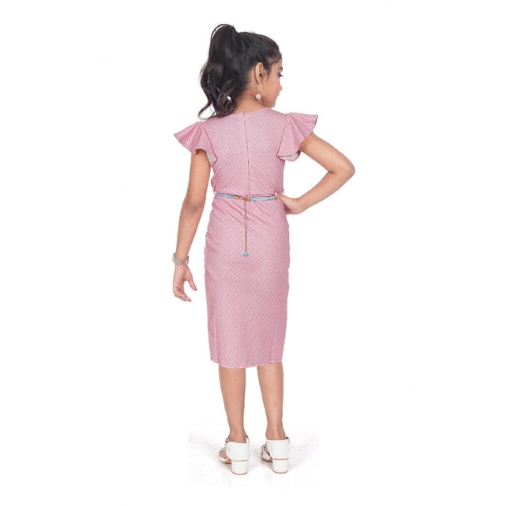 Generic Girl's Knitted Striped Short Sleeve Close Neck Dress (Pink)