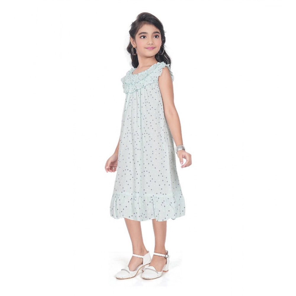 Generic Girl's Heavy Pc Printed Sleeve Less Round Neck Dress (Light Blue)