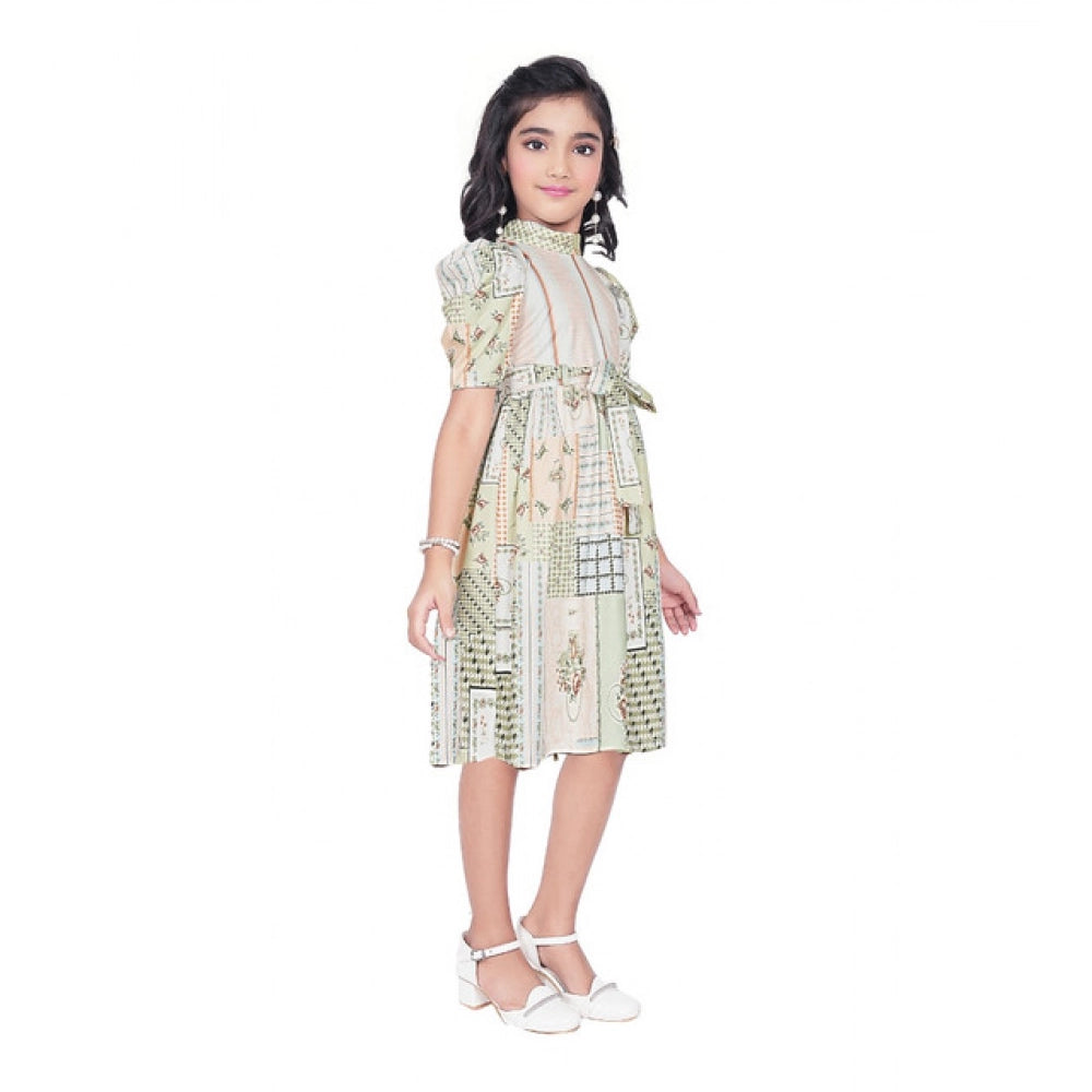 Generic Girl's Digital Knitted Printed Half Sleeve Close Neck Dress (Light Green)
