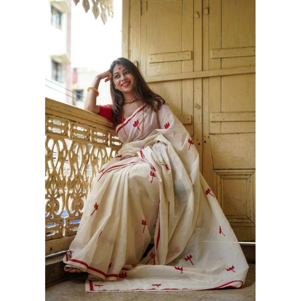 Generic Women's Linen Printed Saree With Unstitched Blouse 5.5Mtr (White)